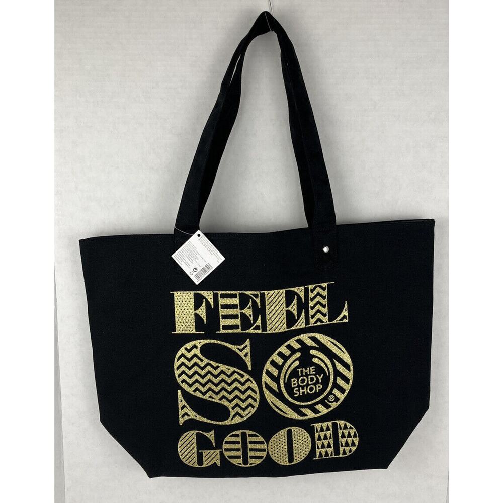 Body Shop Black Canvas Tote Bag Gold Glitter Words 18.5x13 inch Magnet Close